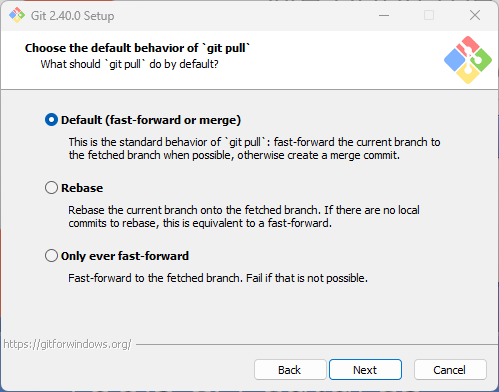 Choose the default behavior of git pull