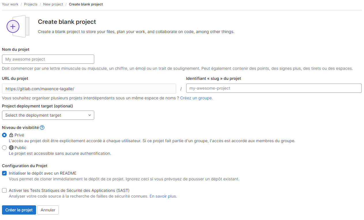 Interface de création d'un projet vide sur GitLab