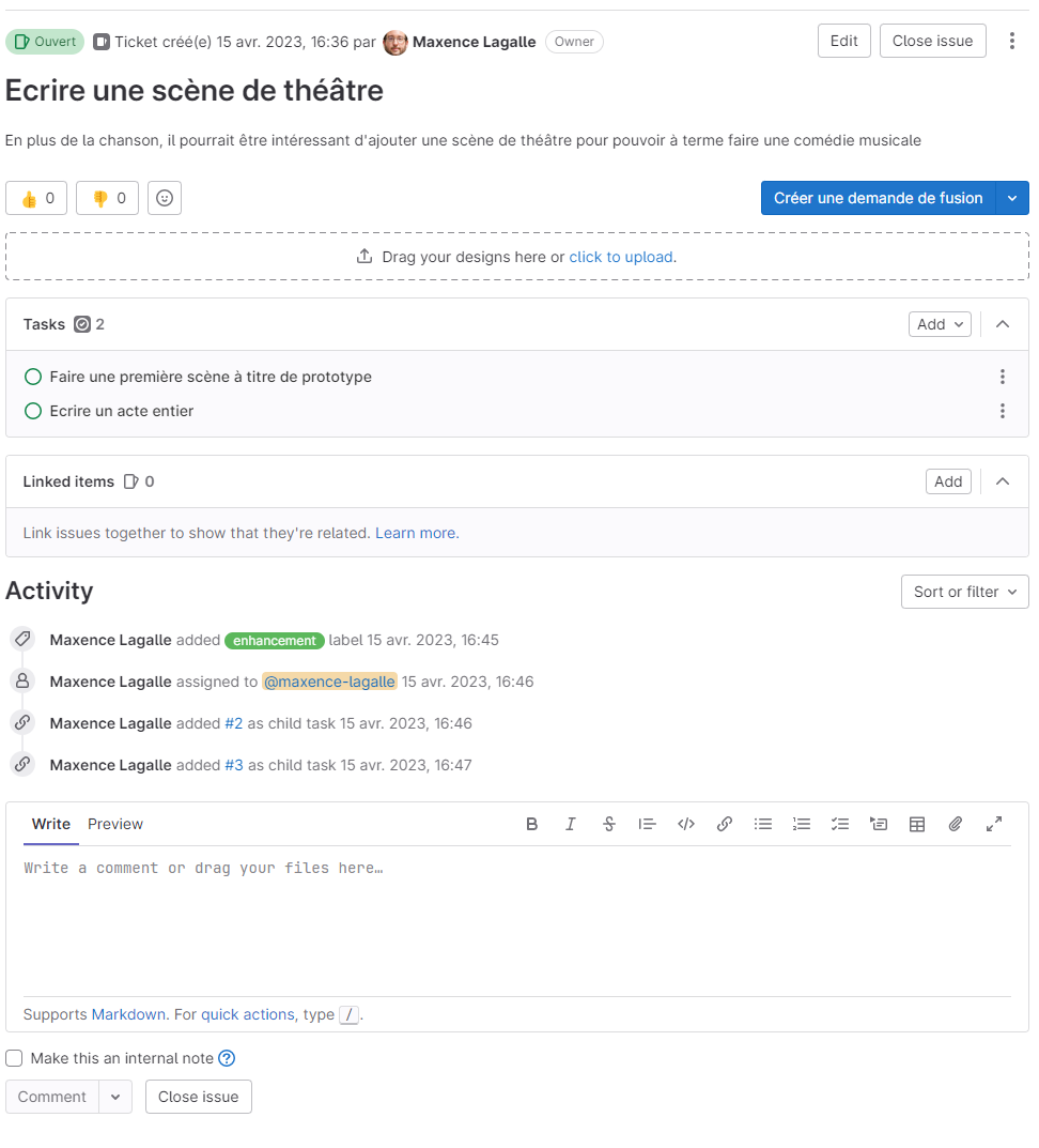 Interface de gestion d'un ticket GitLab