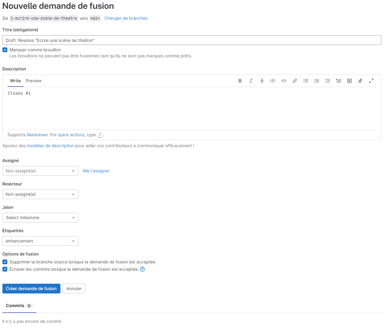 Interface de création d'une merge request GitLab