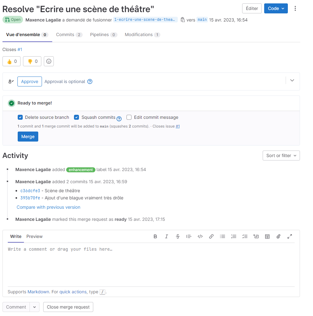 Interface de validation d'une merge request GitLab