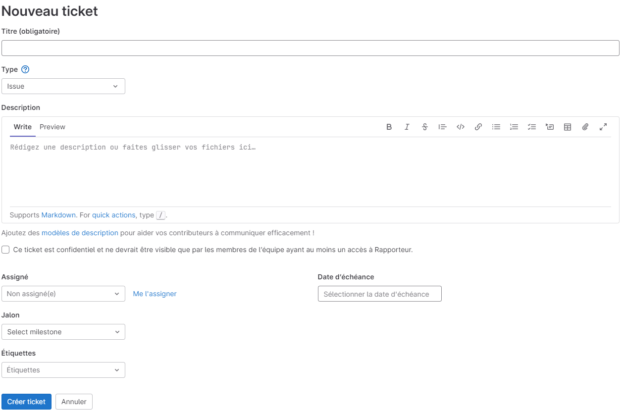 Interface de création d'un ticket GitLab