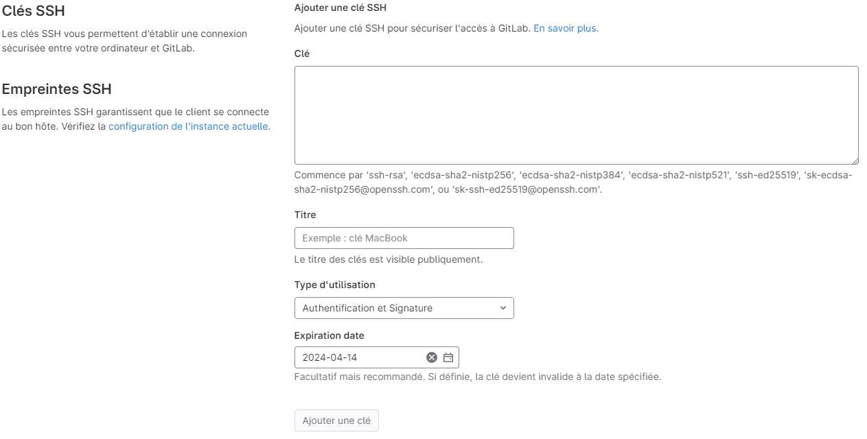 Interface d'ajout d'une clé SSH dans GitLab